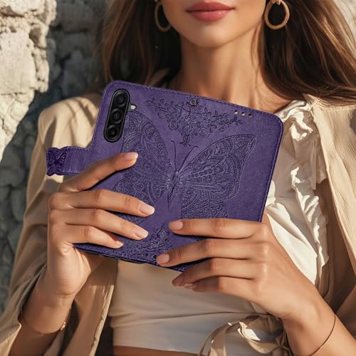 for Samsung Galaxy A17 5G Phone Case Wallet,Purple | Butterfly Embossed PU Leather, Credit Card Holders, Wrist Strap, Magnetic Closure, Flip Protective Purse Cover for Women Men - color: Purple