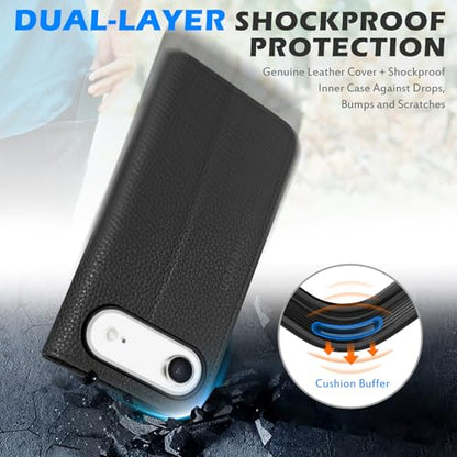 SHIELDON Genuine Leather Case Wallet for iPhone Air 6.5", Pebbled Black | Magnetic Closure, RFID Blocking, Credit Card Slot, Kickstand, Flip Book Design, Soft Shockproof Phone Cover - color: Pebbled Black