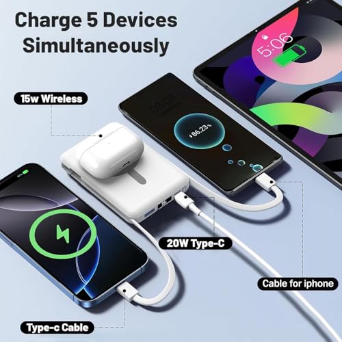 Azmuth for MagSafe Portable Charger, 10000mAh Magnetic Power Bank | 20W PD Fast Charging Magnetic Travel Charger with Dual USB-C LED Display for iPhone 17/16/15/14/13/12 Series - color: Pearl White