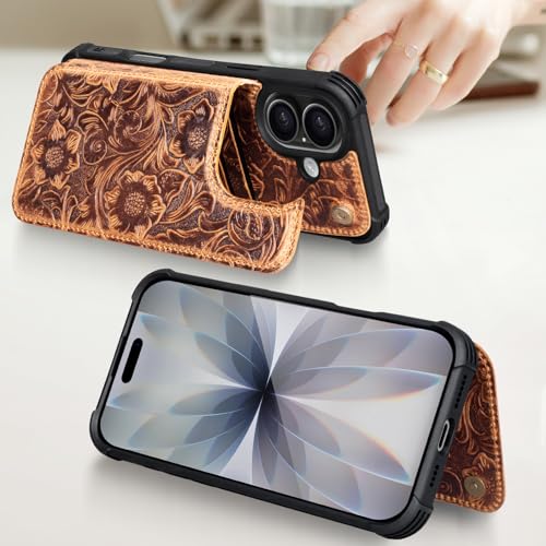 Wallet Real Leather Case Compatible with iPhone 17 6.1" Brown | Genuine Leather,Shockproof, Anti-Fall Case,Flip Cover,with Card Slot,Double Magnetic Buckle,Kickstand,RFID Blocking Brown - color: Brown, size: 6.1"-17