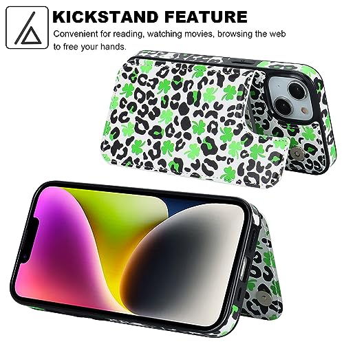 HAOPINSH for iPhone 14 Wallet Case with Card Holder, Clover Leopard Cheetah Pattern Back Flip Folio PU Leather Kickstand Card Slots for Women Girls, Double Magnetic Clasp Shockproof Cover 6.1" - color: Clover Leopard