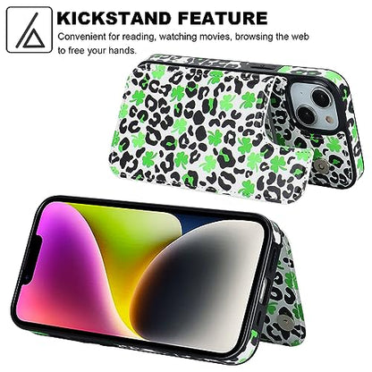 HAOPINSH for iPhone 14 Wallet Case with Card Holder, Clover Leopard Cheetah Pattern Back Flip Folio PU Leather Kickstand Card Slots for Women Girls, Double Magnetic Clasp Shockproof Cover 6.1" - color: Clover Leopard
