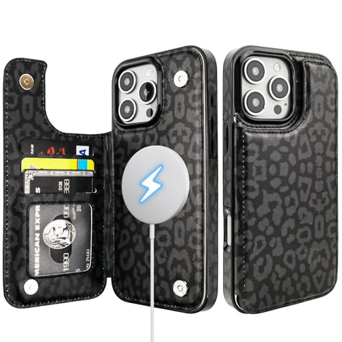 HAOPINSH for iPhone 16 Pro Max Case Wallet Compatible with MagSafe Wireless Charging, Black Leopard Cheetah Pattern Back Flip Folio Leather Kickstand Card Slots Case Double Magnetic Clasp Cover 6.9" - color: Black Leopard for MagSafe