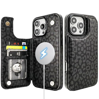 HAOPINSH for iPhone 16 Pro Max Case Wallet Compatible with MagSafe Wireless Charging, Black Leopard Cheetah Pattern Back Flip Folio Leather Kickstand Card Slots Case Double Magnetic Clasp Cover 6.9" - color: Black Leopard for MagSafe