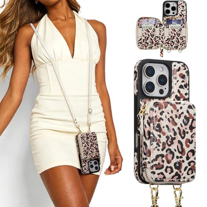 ZCDAYE Zipper Crossbody Wallet Case for iPhone 16 Pro, Leopard Print | Flip Folio PU Leather, Practical Card Holder, Adjustable Lanyard Strap, RFID Blocking, Retro Leopard Girly Phone Case - color: Leopard print, size: iPhone 16 Pro