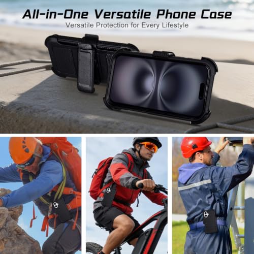for Defender Phone Case iPhone 16 Case with Clip Holster Kickstand Black | for iPhone 16 Case Heavy Duty iPhone16 Phone Case Rugged 2 Layers of Sturdy,Anti-Drop for Phone Case iPhone 16Case Protective - color: Black