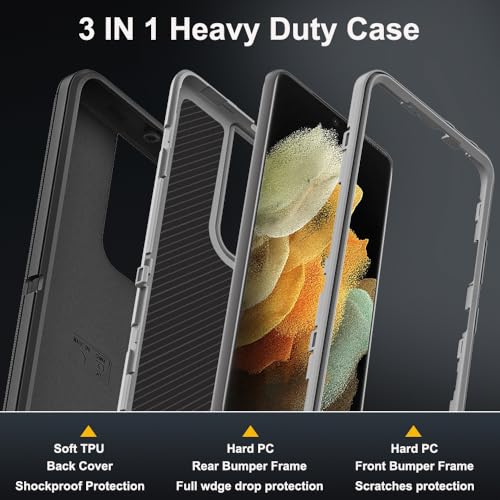 for Samsung Galaxy S21 Ultra Case with 2Pcs Self Healing Flexible TPU Screen Protector & Camera Lens Protector, 3 in 1 Heavy Duty Shockproof/Drop Proof/Dust Proof Case (Black/Grey) - color: Black/Grey