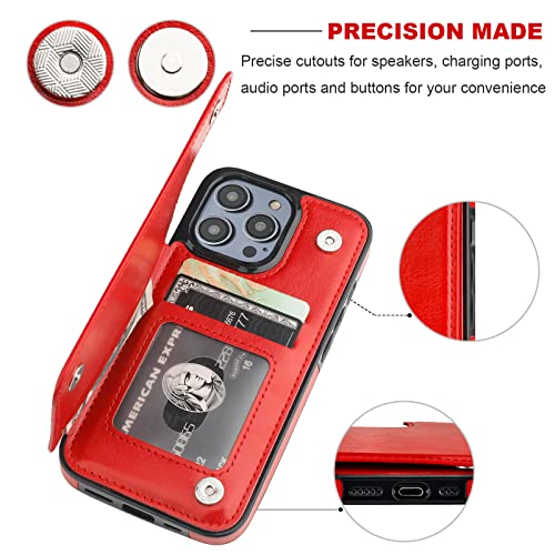 ONETOP for iPhone 14 Pro Wallet Case with Credit Card Holder,Red | Kickstand,ID/Cash Holder,Case Wallet with Card Slots,Double Magnetic Clasp,Durable PU Leather Shockproof Cover for Women Men - color: Red