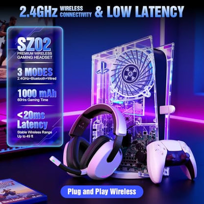BENGOO 60H Wireless Gaming Headset with RGB Lights for PS5 PS4 PC - color: White