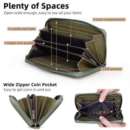 VISOUL Leather Long Zipper Pouch Wallet for Men and Women with RFID Blocking, Large Clutch Cash Long Wallet with Zipper (Olive Green) - color: Olive Green
