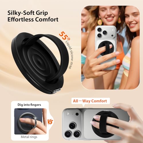 Upgraded Magnetic Phone Grip&Phone Stand, Liquid Silicone Soft and Portable Phone Ring, Removable Finger Loop Ring Grip Holder for iPhone, Strong Magnetic , Compatible with MagSafe Phone Case Black - color: Black