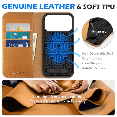SHIELDON Real Leather Wallet Case for iPhone 17 Pro Max, Retro Light Brown | Magnetic Closure, RFID Blocking, Credit Card Slot, Kickstand, Flip Book Design, Shockproof Phone Cover - color: Retro Light Brown