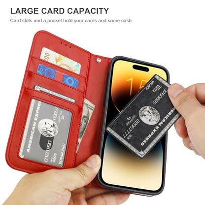 Bocasal Detachable Wallet Case Card Holder for iPhone 15 Pro Max Red | RFID Blocking Kickstand Card Slots Holder PU Leather Magnetic Shockproof Wrist Strap Removable Flip Protective Cover 6.7 inch - color: Red