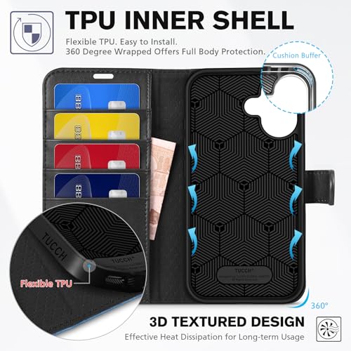TUCCH Case Wallet for iPhone 16 (6.1"), RFID Blocking, Black & Light Blue | 4 Card Holders, Kickstand, PU Leather, Magnetic Closure, Shockproof TPU Shell, Protective Flip Cover - color: Two-tone Black & Light Blue