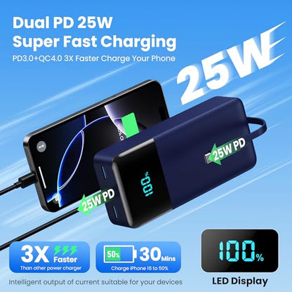 Portable Charger 50800mAh Power Bank with 3 Built in Cables,25W PD QC4.0 Fast Charging USB C Battery Pack,6 Outputs 2 Inputs Travel Essentials Phone Charger for iPhone 18/17/16/15/Pro,Android,Blue - color: Blue