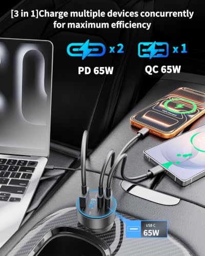 130W 3-Port USB C Super Fast Car Charger (with Voltage Display) for Samsung