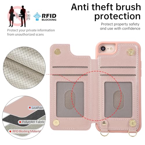 for iPhone 7/8/SE 2022/SE 2020 Wallet Case with Card Holder Slots and Strap, RFID Blocking Magnetic Flip Folio Cover, Crossbody Purse Protection Case with Kickstand,Rose Gold Diamond - color: Rose Gold Diamond, size: iPhone 7/8/SE 2022/SE 2020(6.6")