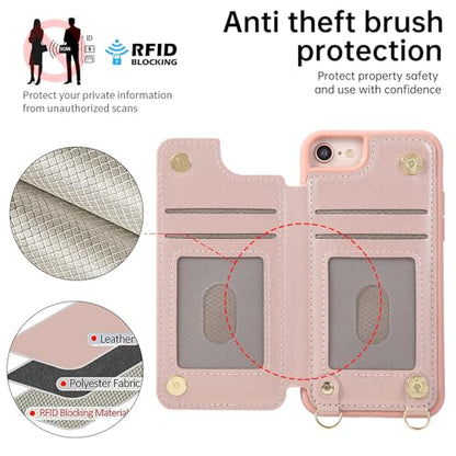 for iPhone 7/8/SE 2022/SE 2020 Wallet Case with Card Holder Slots and Strap, RFID Blocking Magnetic Flip Folio Cover, Crossbody Purse Protection Case with Kickstand,Rose Gold Diamond - color: Rose Gold Diamond, size: iPhone 7/8/SE 2022/SE 2020(6.6")