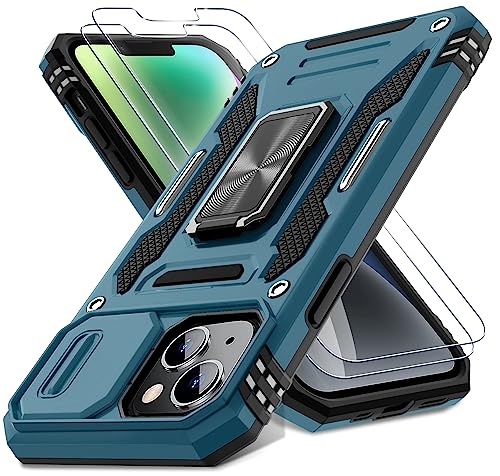 DEERLAMN Case for iPhone 13/iPhone 14 6.1-Inch with Slide Camera Cover+Screen Protector(2 Packs),Rotated Ring Kickstand Military Grade Shockproof Protective Cover-Light Blue - color: Light Blue