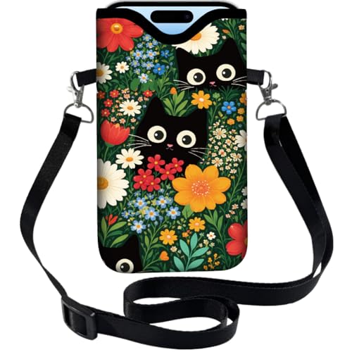 Cat Phone Pouch with Adjustable Strap Neck Lanyard Fits Most Smartphones 7.1 x 3.9 Inch Phone Crossbody Sleeve Black Cat Flower Pattern Neoprene Nylon Cellphone Carrying Case for Women Men - color: Cat