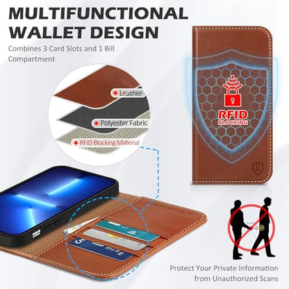 SHIELDON Genuine Leather Wallet Case for iPhone 13 6.1" 2021, Retro Brown | Magnetic Closure, RFID Blocking, Credit Card Holder, Kickstand, Folio Design, Shockproof Phone Cover - color: Brown - Retro