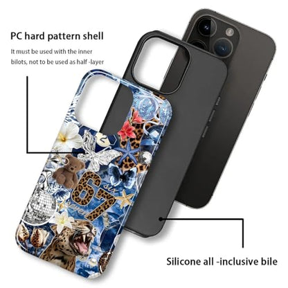 Case for iPhone 14 Pro, Cute Phone Case, Blue Leopard Collage | Hybrid 2-Layer Phone Cover，Military-Grade Protection Durable Shockproof Anti-Scratch Cases - color: Blue Leopard Collage, size: Iphone 14 Pro