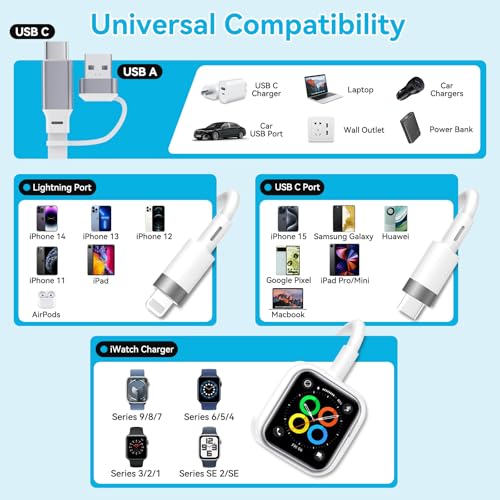 aceyoon Multi Charging Cable, Multi Charger 3 in 2 Multiple Ends Universal Charging Cord, 100W Retractable USB C Lighting Cable for iPhone 16 15 14 13
