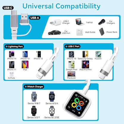 aceyoon Multi Charging Cable, Multi Charger 3 in 2 Multiple Ends Universal Charging Cord, 100W Retractable USB C Lighting Cable for iPhone 16 15 14 13