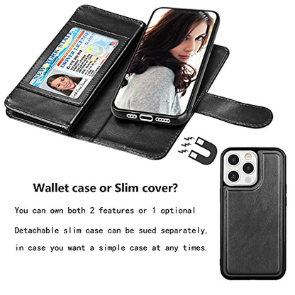 NJJEX Compatible with iPhone 13 Mini Case/iPhone 13 Mini Wallet Case 5.4" (2021), [9 Card Slots] PU Leather Credit Holder Folio Flip [Detachable] Kickstand Magnetic Phone Cover & Lanyard [Black] | PU leather, ID Credit Card Holder, detachable folio flip,