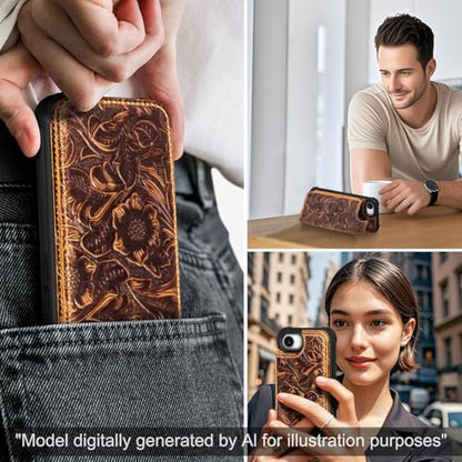 Wallet Real Leather Case Compatible with iPhone 16e/17e 6.1" Brown | Genuine Leather,Shockproof, Anti-Fall Case,Flip Cover,with Card Slot,Double Magnetic Buckle,Kickstand,RFID Blocking Brown - color: Brown, size: 6.1"-16e