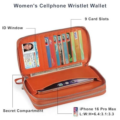 RFID Blocking Cellphone Wallet for Women Dual Zipper Wristlet Large Capacity 17 Card Slots Ladies Travel Clutch Purse with Removable Strap, Orange - color: Orange