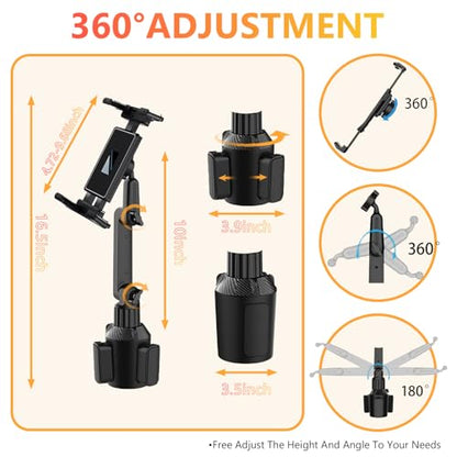 WUITIN Cup Holder Car Tablet Mount for Car, 360° Adjustable 15" Long 2-Arm Stand Holder for iPad,Samsung Galaxy Tab/Z Fold 4/3, iPhone 15/14/Pro, 4.7-12.9" Tab &Phone