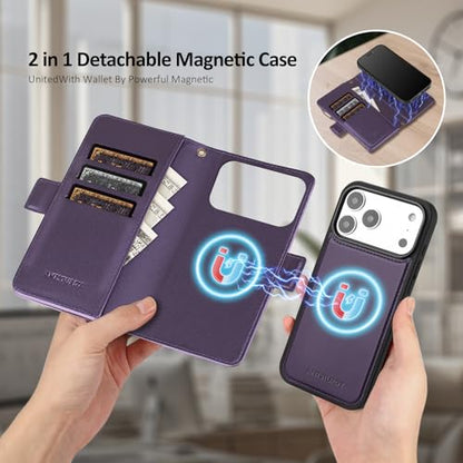 Antsturdy Compatible with MagSafe iPhone 17 Pro Wallet Case,Purple | Detachable Magnetic Credit Card Holder,RFID Blocking,PU Leather Zipper Purse,Wrist Strap Kickstand,Flip Phone Cover for Women - color: (Detachable with Magsafe)-Purple