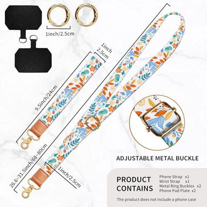 Phone Lanyard Crossbody Wrist Strap, Universal Adjustable Neck Strap for Phone Case Keys ID Badges - color: White Boho Flowers