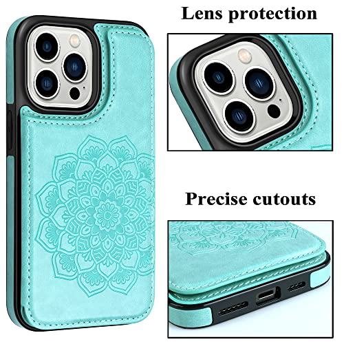 MMHUO iPhone 15 Pro Wallet Case With Card Holder, Flower Magnetic Back Flip Protective Case for Women, Mint - color: Mint, size: Iphone 15 Pro 6.1"-(S)(Three Cameras)