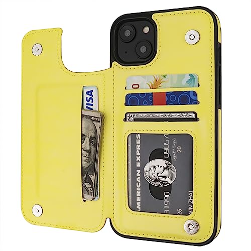 ONETOP for iPhone 14 Plus Wallet Case with Credit Card Holder,Yellow | Kickstand,ID/Cash Holder,Case Wallet with Card Slots,Double Magnetic Clasp,Durable PU Leather Shockproof Cover for Women Men - color: Yellow