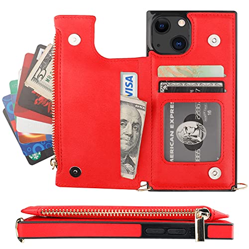 Bocasal Crossbody Wallet Case with Strap for iPhone 13/14, Red | RFID Blocking Card Slot Holder, Magnetic Flip Folio Purse Case, PU Leather Zipper Handbag Detachable Lanyard Strap 6.1 Inch - color: Red