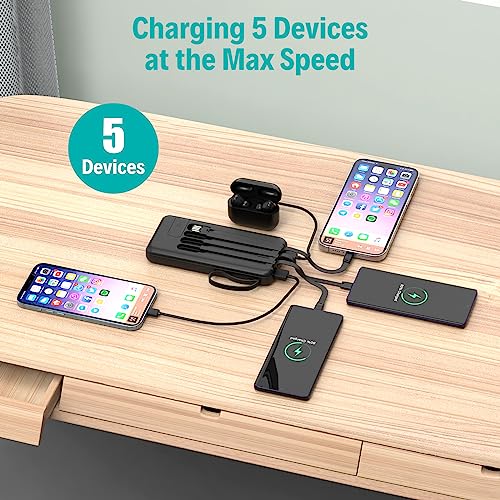 Portable Charger with Built in Cables,10000mAh Slim USB C Power Bank, Black - color: Black