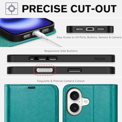 TUCCH Wallet Case for iPhone 16 (6.1") 2024, 4 Card Slots, Cyan | RFID Blocking, Viewing Stand, Shockproof TPU Shell, PU Leather, Magnetic Closure, Protective Folio Flip Cover - color: Textured Cyan