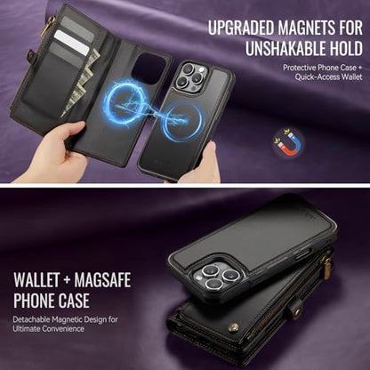 Defencase for iPhone 16 Pro Max Case Wallet Compatible with Magsafe, Black | Drop-Proof Magnetic Detachable Phone Cases Cover, with RFID Bolcking Card Holder, Zipper Strap, PU Leather, Removable Wallet - color: (Detachable with Magsafe)-Black