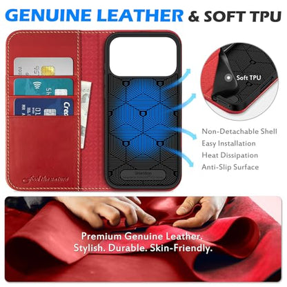 SHIELDON Genuine Leather Case Wallet for iPhone 17 Pro Max 6.9", Retro Red | Flip Magnetic Cover, RFID Blocking, Credit Card Holder, Kickstand, Book Design, Full Protection, Shockproof Phone Shell - color: Retro Red