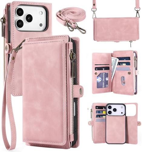 for iPhone 17 Pro Wallet Case, [Compatible with Magsafe] [Magnetic Detachable] [RFID Blocking] PU Leather Case with Card Holder & Crossbody Strap for Women Men, Pink - color: Pink