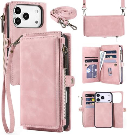 for iPhone 17 Pro Wallet Case, [Compatible with Magsafe] [Magnetic Detachable] [RFID Blocking] PU Leather Case with Card Holder & Crossbody Strap for Women Men, Pink - color: Pink