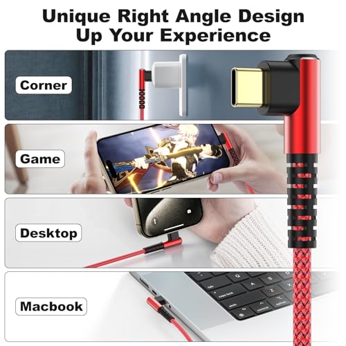 60W USB-C to USB-C Charge Cable,3-Pack 10ft Braided Right Angle USB C Cable - color: Red