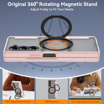 Upgraded 360° Spin Magnetic Invisible Ring Stand for Samsung Galaxy Z Fold 6 Case,[Compatible with MagSafe][S Pen Holder][Hinge Protection][Screen Protector],Shockproof Full Body Phone Cover (Pink) - color: Pink