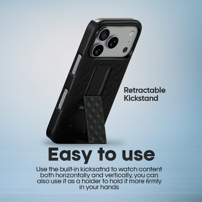 MOTIVE for iPhone 17 Pro Case with Belt Clip, Rigid, Kickstand | 6.3" | Ranger v1 Series, Black, 360° holster, open-top/open-bottom port access, textured grip, slim - size: iPhone 17 Pro