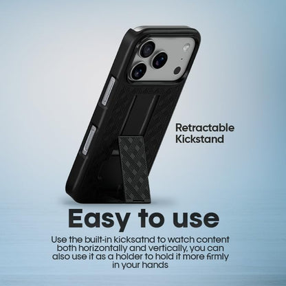 MOTIVE for iPhone 17 Pro Case with Belt Clip, Rigid, Kickstand | 6.3" | Ranger v1 Series, Black, 360° holster, open-top/open-bottom port access, textured grip, slim - size: iPhone 17 Pro