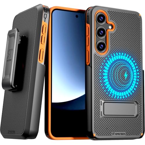 Designed for Samsung Galaxy S25 Plus Case with Belt Clip Holster | Rugged Cover with Strong Magnet & Kickstand Heavy Duty Combo - Black & Orange - color: Black & Orange