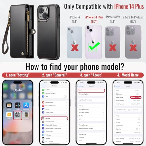 Defencase for iPhone 14 Plus Case Wallet Compatible with Magsafe, Black | Drop-Proof Magnetic Detachable Phone Cases Cover, with RFID Bolcking Card Holder, Zipper Strap, PU Leather, Removable Wallet - color: (Detachable with Magsafe)-Black