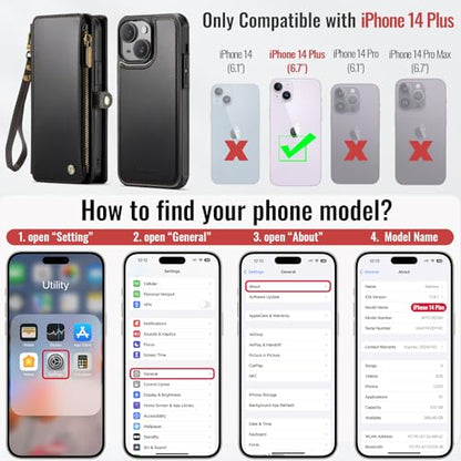 Defencase for iPhone 14 Plus Case Wallet Compatible with Magsafe, Black | Drop-Proof Magnetic Detachable Phone Cases Cover, with RFID Bolcking Card Holder, Zipper Strap, PU Leather, Removable Wallet - color: (Detachable with Magsafe)-Black